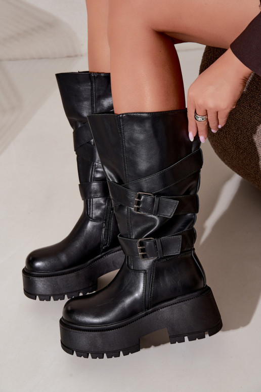 Hohe Stiefel mit Plattform und Riemen in Schwarz Delsenne