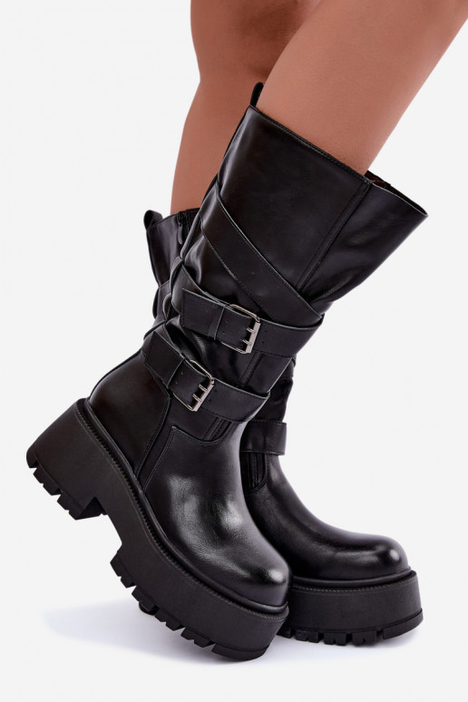 Hohe Stiefel mit Plattform und Riemen in Schwarz Delsenne
