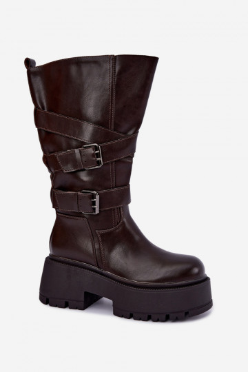 Hohe Stiefel mit Plattform und Riemen in Schokolade Delsenne