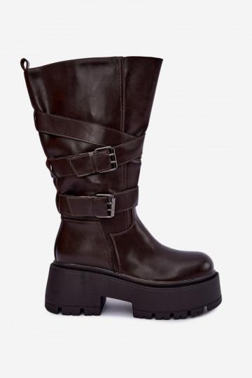 Hohe Stiefel mit Plattform und Riemen in Schokolade Delsenne 2