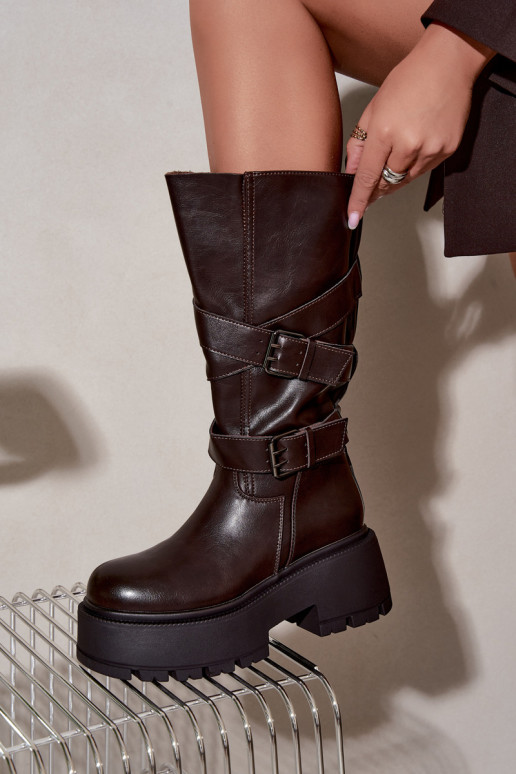 Hohe Stiefel mit Plattform und Riemen in Schokolade Delsenne