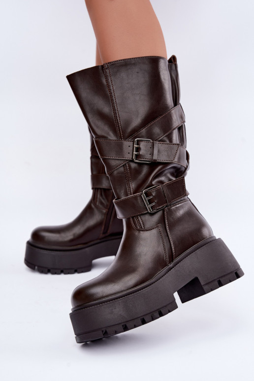 Hohe Stiefel mit Plattform und Riemen in Schokolade Delsenne