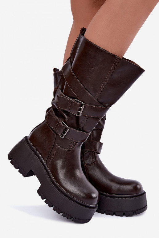 Hohe Stiefel mit Plattform und Riemen in Schokolade Delsenne