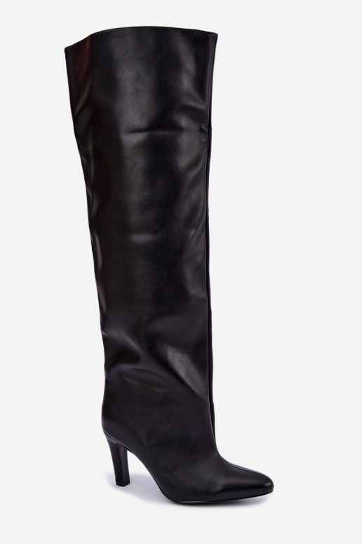 Slip-On Damen Stiefel mit spitzen Absätzen über dem Knie in Schwarz Emorine