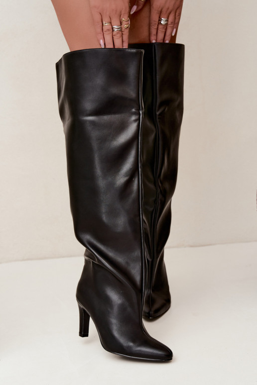Slip-On Damen Stiefel mit spitzen Absätzen über dem Knie in Schwarz Emorine