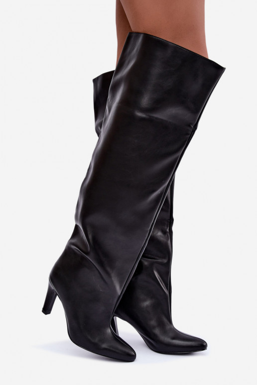 Slip-On Damen Stiefel mit spitzen Absätzen über dem Knie in Schwarz Emorine