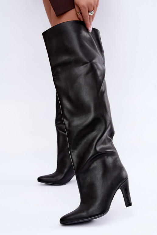 Slip-On Damen Stiefel mit spitzen Absätzen über dem Knie in Schwarz Emorine