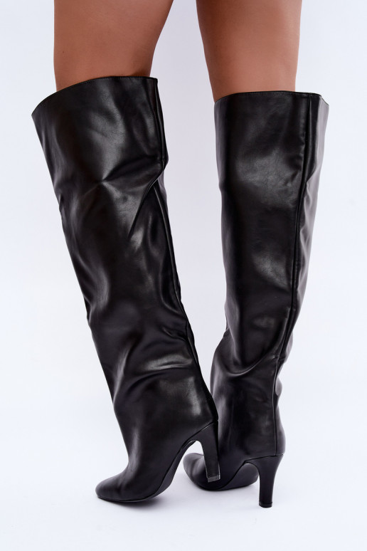 Slip-On Damen Stiefel mit spitzen Absätzen über dem Knie in Schwarz Emorine