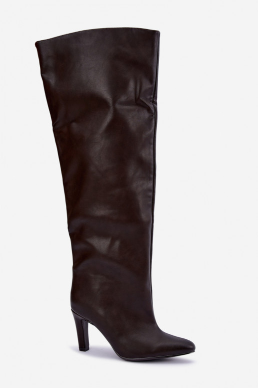 Slip-On Damen Stiefel mit spitzen Absätzen über dem Knie in Schokolade Emorine