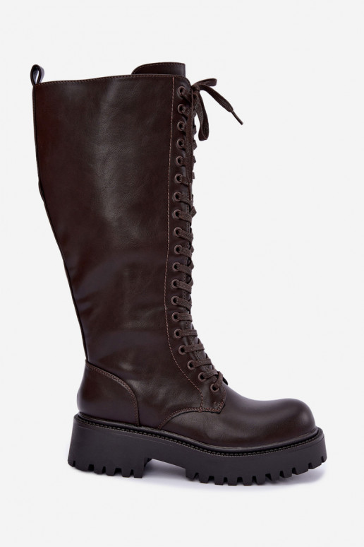 Wärmende Damen Stiefel mit Plattform und Schnürsenkeln in Schokolade Kasmina