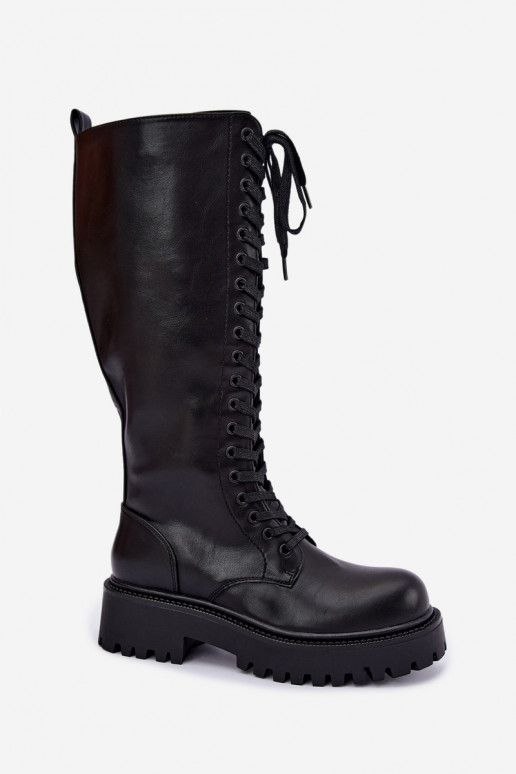 Wärmende Damen Stiefel mit Plattform und Schnürsenkeln in Schwarz Kasmina