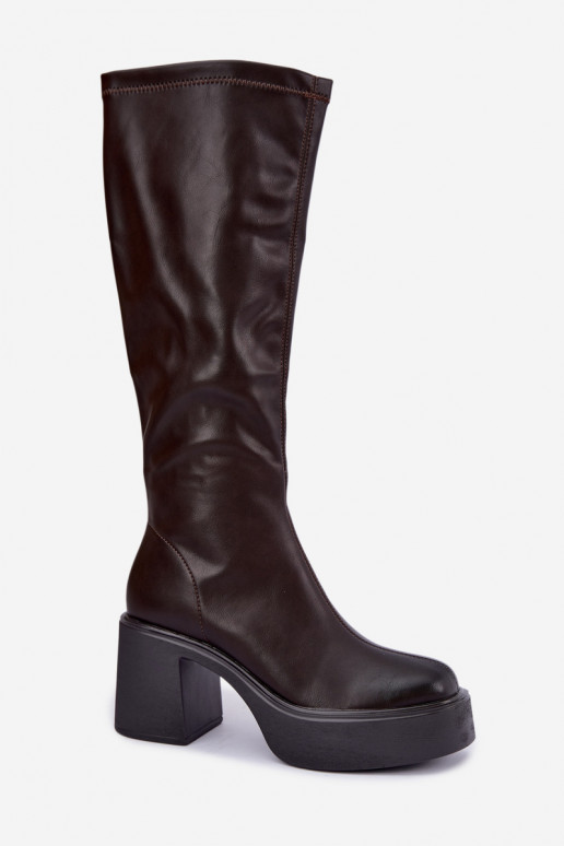 Damenstiefel bis zum Knie mit Plateau und Absätzen aus Kunstleder in Schokoladenfarbe Nesalie