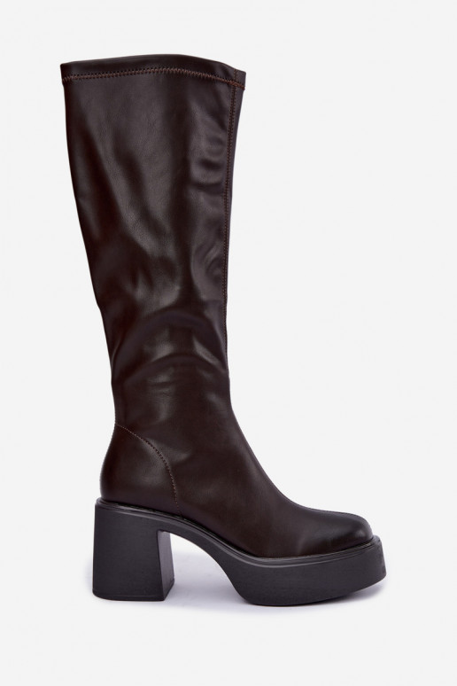 Damenstiefel bis zum Knie mit Plateau und Absätzen aus Kunstleder in Schokoladenfarbe Nesalie