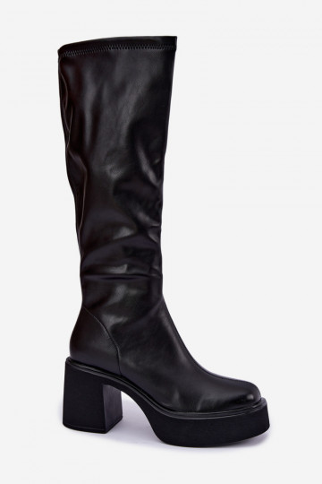 Damenstiefel bis zum Knie mit Plateau und Absätzen aus schwarzem Kunstleder Nesalie