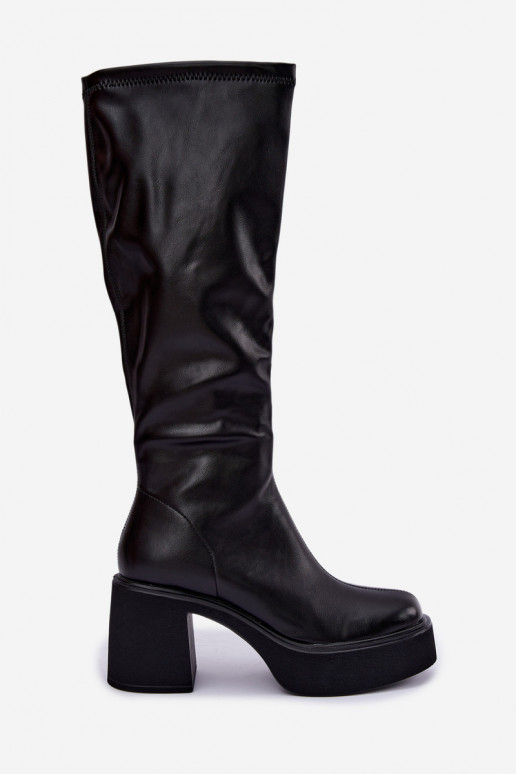 Damenstiefel bis zum Knie mit Plateau und Absätzen aus schwarzem Kunstleder Nesalie