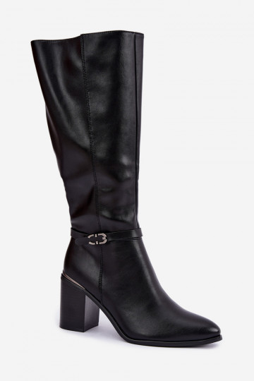 Damen gefütterte Stiefel bis zum Knie mit verzierten Absätzen in Schwarz Sergio Leone KZ-08