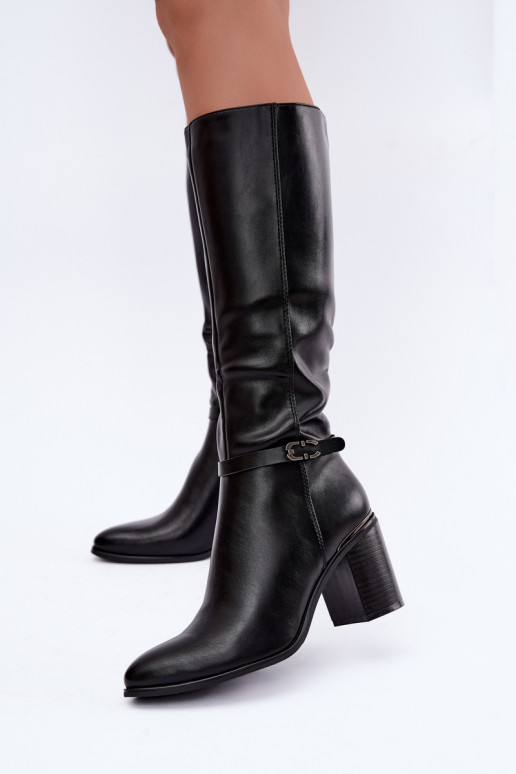 Damen gefütterte Stiefel bis zum Knie mit verzierten Absätzen in Schwarz Sergio Leone KZ-08