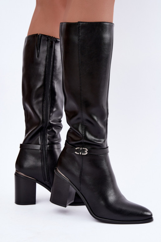 Damen gefütterte Stiefel bis zum Knie mit verzierten Absätzen in Schwarz Sergio Leone KZ-08