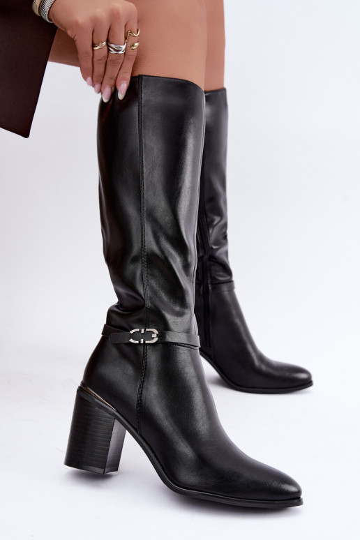 Damen gefütterte Stiefel bis zum Knie mit verzierten Absätzen in Schwarz Sergio Leone KZ-08