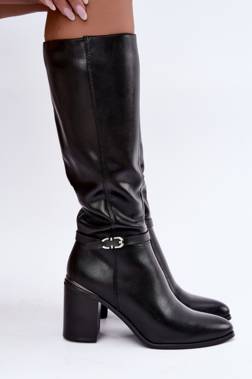 Damen gefütterte Stiefel bis zum Knie mit verzierten Absätzen in Schwarz Sergio Leone KZ-08