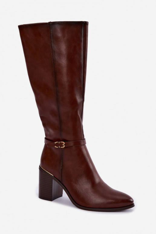 Damen gefütterte Stiefel bis zum Knie mit verzierten Absätzen in Braun Sergio Leone KZ-08