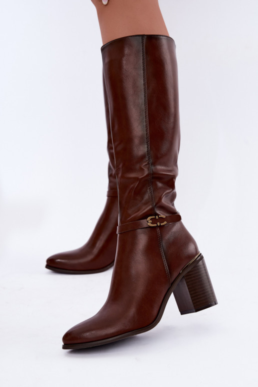 Damen gefütterte Stiefel bis zum Knie mit verzierten Absätzen in Braun Sergio Leone KZ-08