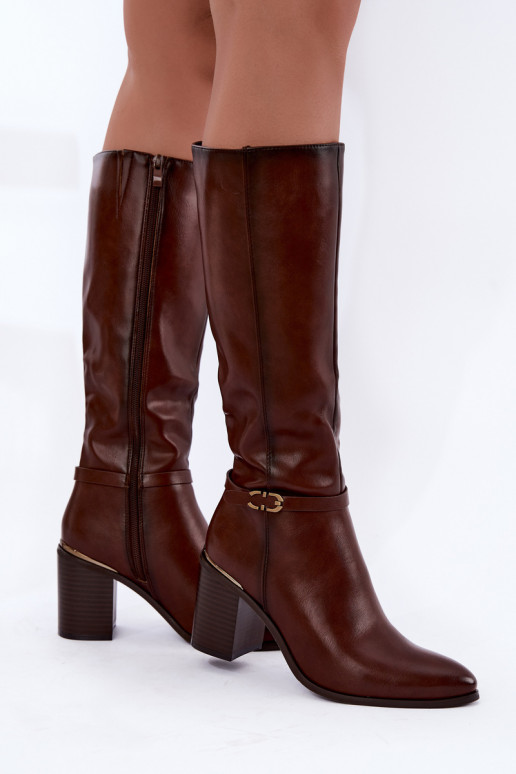 Damen gefütterte Stiefel bis zum Knie mit verzierten Absätzen in Braun Sergio Leone KZ-08