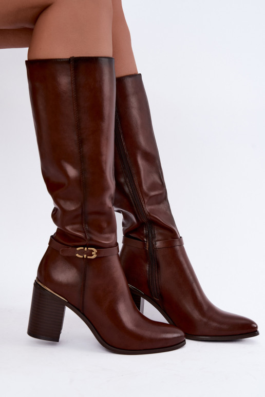 Damen gefütterte Stiefel bis zum Knie mit verzierten Absätzen in Braun Sergio Leone KZ-08