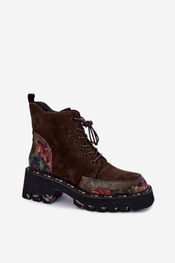 Braune gefütterte Velourslederstiefel mit Schnürung und Blumenmotiven Artiker 59C0250