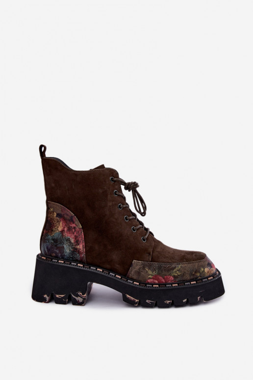 Braune gefütterte Velourslederstiefel mit Schnürung und Blumenmotiven Artiker 59C0250