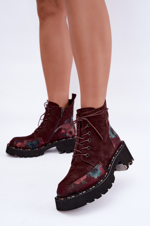 Bordeaux gefütterte Velourslederstiefel mit Schnürung und Blumenmotiven Artiker 59C0248