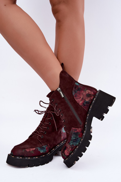 Bordeaux gefütterte Velourslederstiefel mit Schnürung und Blumenmotiven Artiker 59C0248