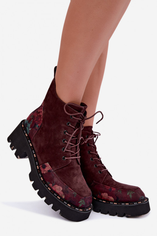 Bordeaux gefütterte Velourslederstiefel mit Schnürung und Blumenmotiven Artiker 59C0248