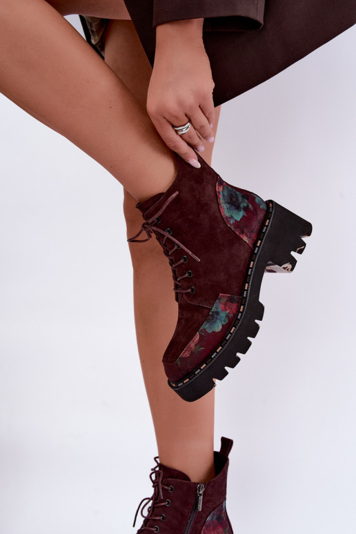 Bordeaux gefütterte Velourslederstiefel mit Schnürung und Blumenmotiven Artiker 59C0248