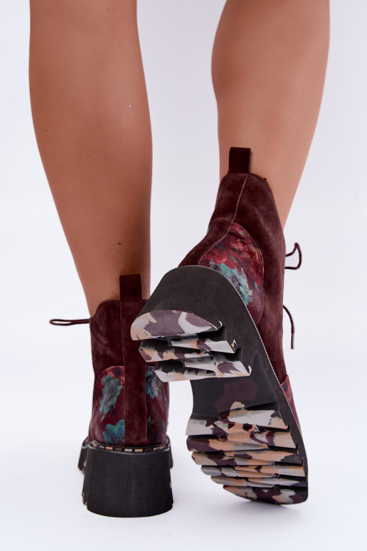 Bordeaux gefütterte Velourslederstiefel mit Schnürung und Blumenmotiven Artiker 59C0248