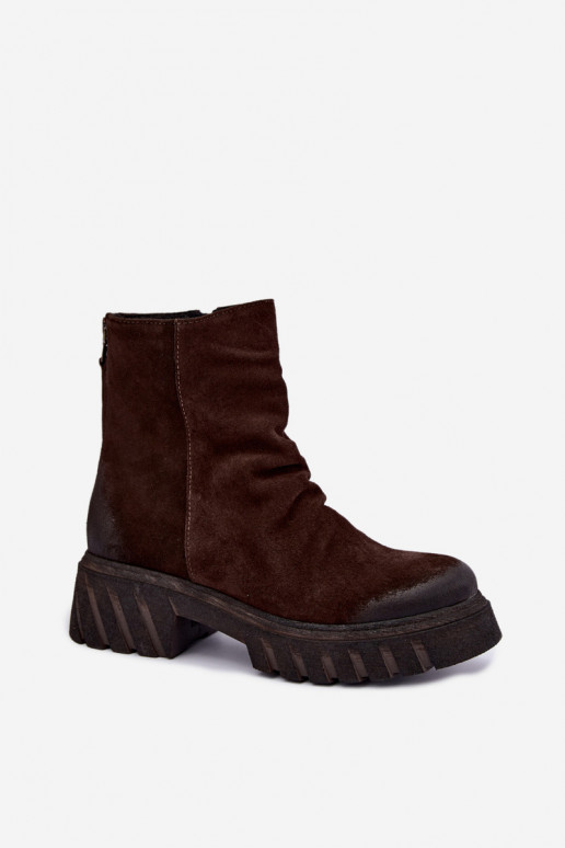 Braune gefütterte Velourslederstiefel mit Rüschen Zazoo 60590