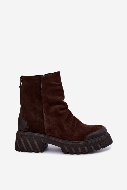 Braune gefütterte Velourslederstiefel mit Rüschen Zazoo 60590