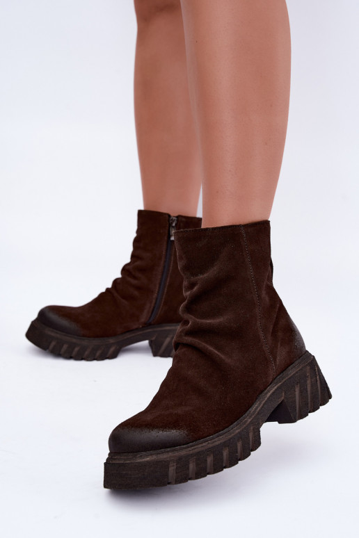 Braune gefütterte Velourslederstiefel mit Rüschen Zazoo 60590