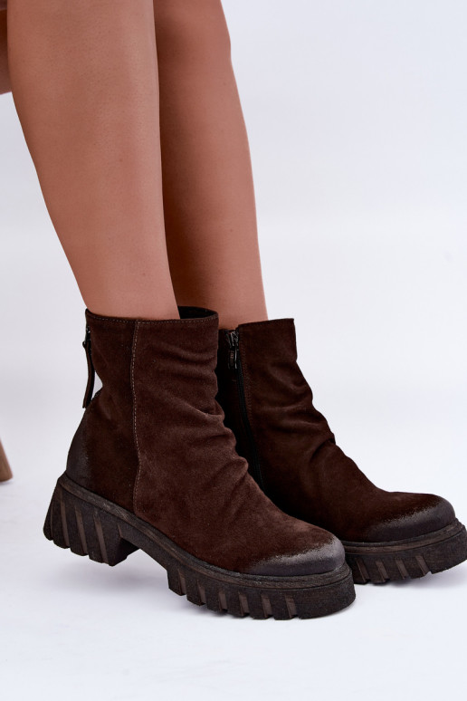 Braune gefütterte Velourslederstiefel mit Rüschen Zazoo 60590