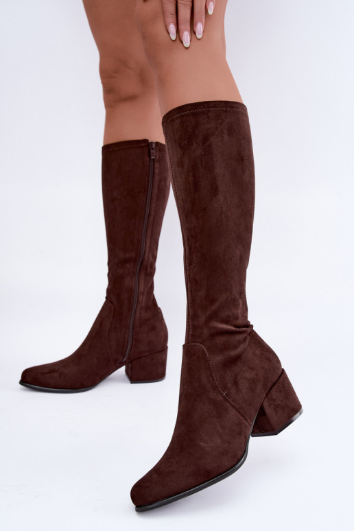 Damenstiefel bis zum Knie mit flachen Absätzen in Schokoladenfarbe aus Kunstveloursleder Sergio Leone KZ212