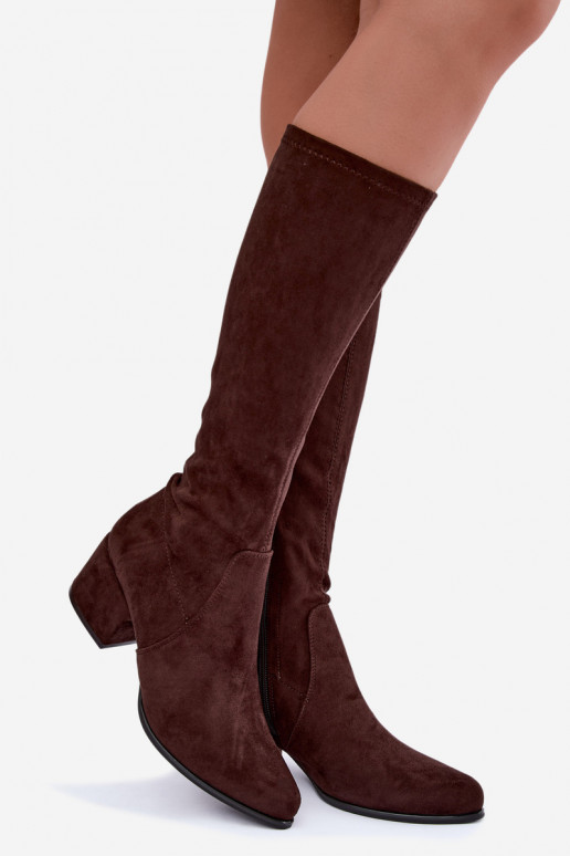 Damenstiefel bis zum Knie mit flachen Absätzen in Schokoladenfarbe aus Kunstveloursleder Sergio Leone KZ212