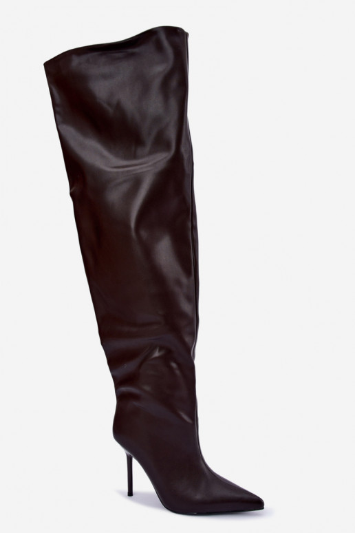 Damenstiefel bis zum Knie mit dünnen Absätzen über dem Knie in Schokoladenfarbe Aderelle