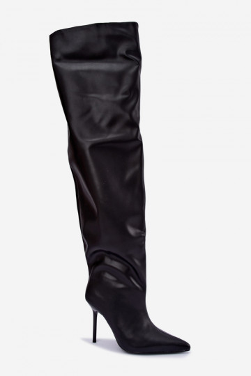 Damenstiefel bis zum Knie mit dünnen Absätzen über dem Knie in schwarzer Farbe Aderelle
