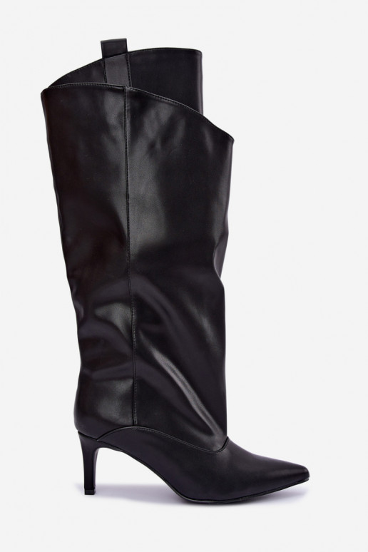 wärmende Stiefel bis zum Knie mit Rüschen und dünnen Absätzen in schwarzer Farbe Emerine