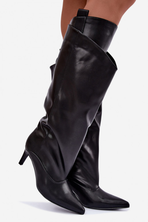 wärmende Stiefel bis zum Knie mit Rüschen und dünnen Absätzen in schwarzer Farbe Emerine