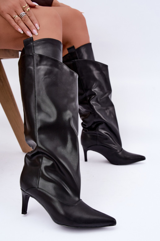 wärmende Stiefel bis zum Knie mit Rüschen und dünnen Absätzen in schwarzer Farbe Emerine