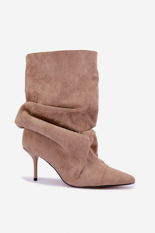geknitterte warme Schlüpfschuh-Stiefeletten mit dünnen Absätzen in sandfarbener Farbe Greselle
