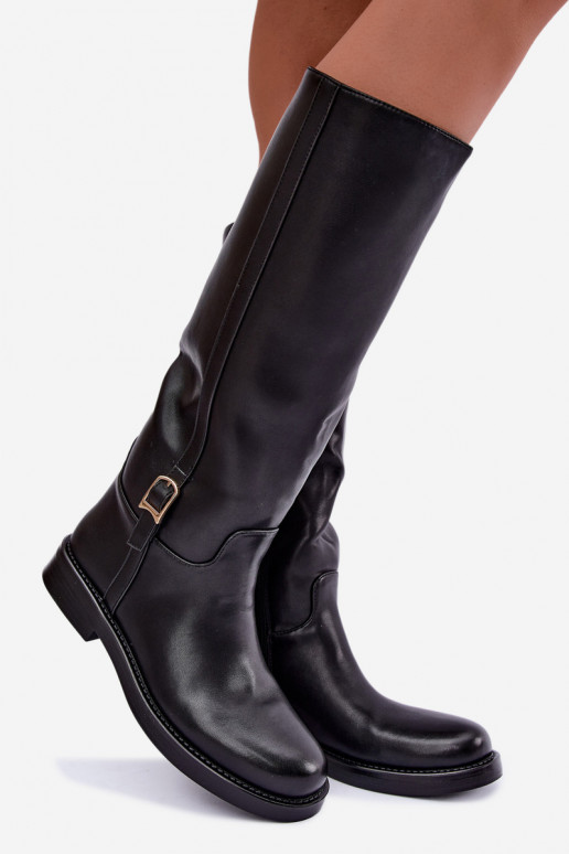 Stiefel bis zum Knie mit Schnallen und breiten Absätzen in schwarzer Farbe Ismerelle