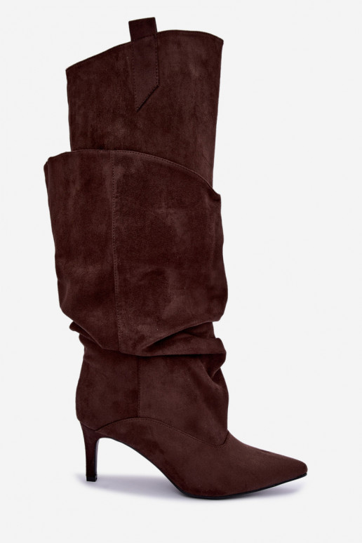 wärmende Stiefel bis zum Knie mit Rüschen und dünnen Absätzen in Schokoladenfarbe Emerine