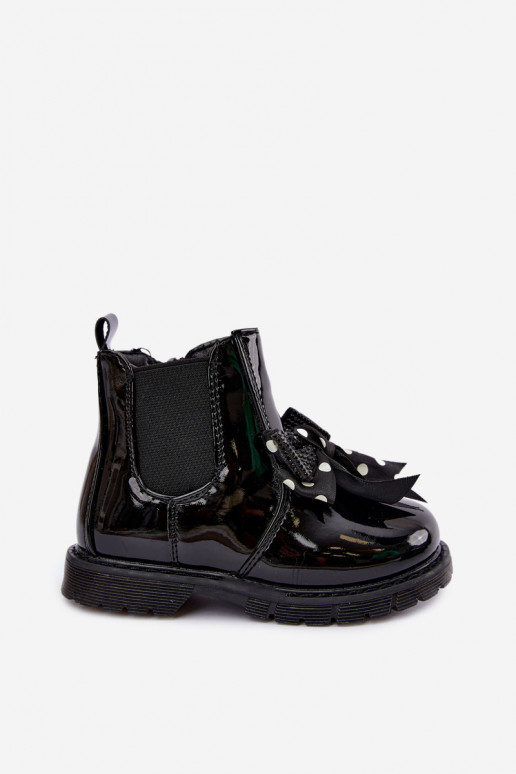 Gefütterte Kinder-Stiefeletten mit Lackeffekt, mit Bändern, schwarz Keralyn